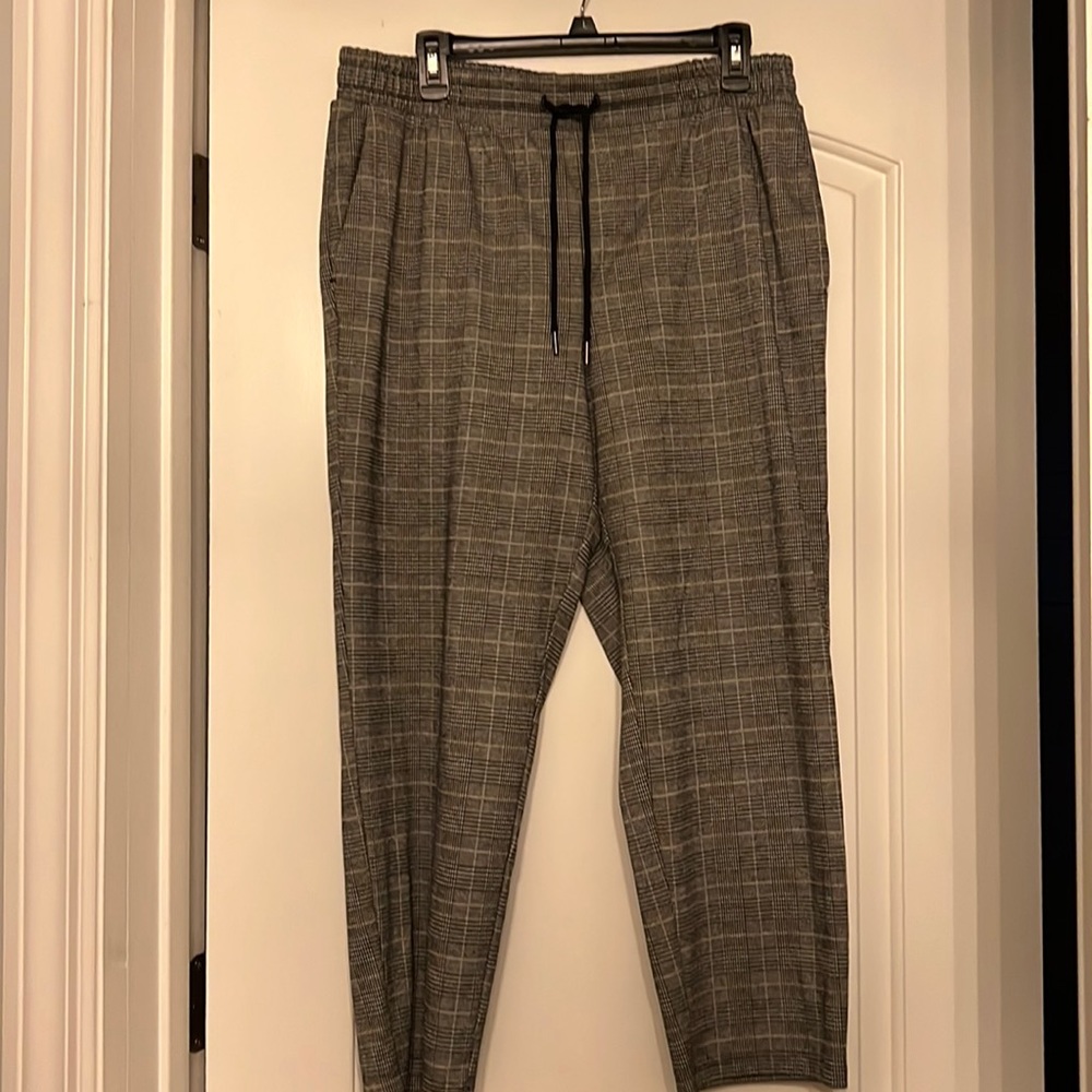 Plaid Drawstring Tapered Pants - Gray